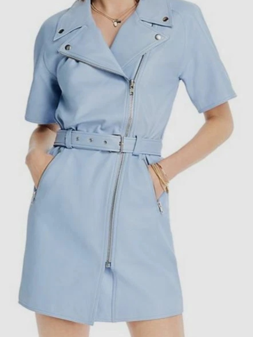 LINI Margeaux Light Blue Lambskin Leather Moto Dress Size M $749 MSRP